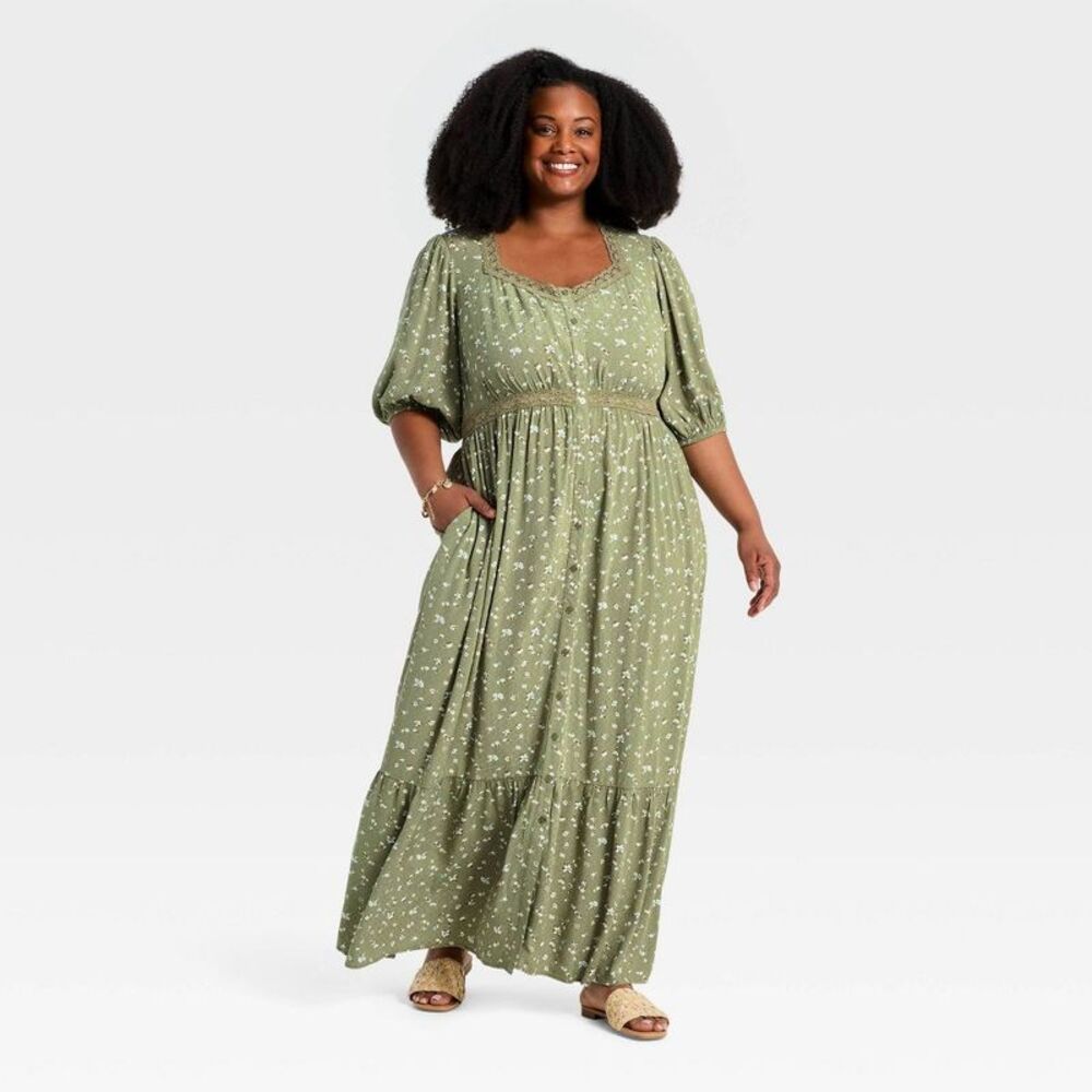 Ava & Viv - Women's Elbow Sleeve Button-Front Lace Trim Maxi Dress Green - Picture 3 of 4